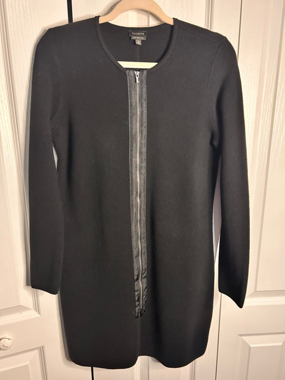 Talbots Pure 100%‎ Merino Wool Dress S Black Knit Sweater Front Zip Long Sleeve